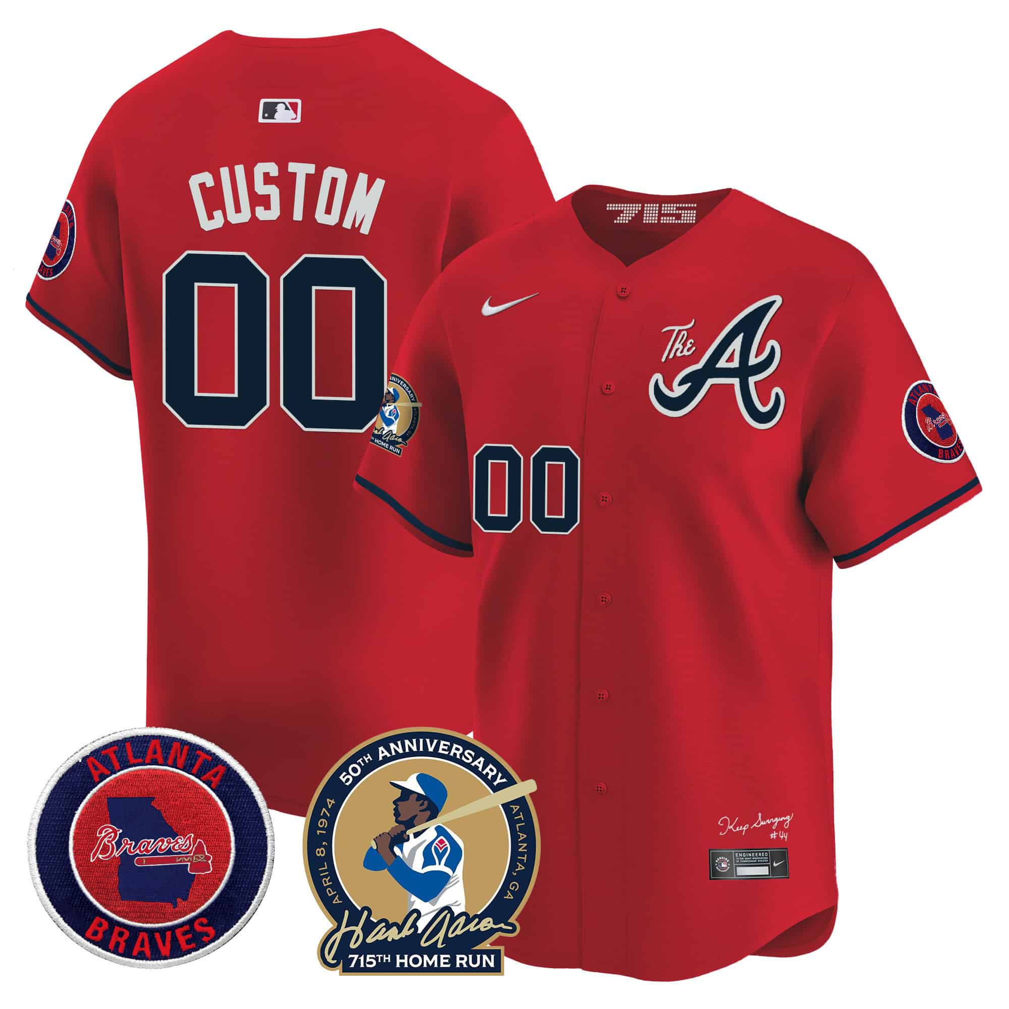 Men Atlanta Braves Red 2024 Nike Hank Aaron 715th Home Run Patch Vapor Premier Limited Custom MLB Jersey style 1->customized mlb jersey->Custom Jersey